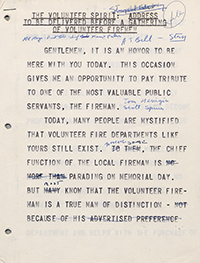 Speech notes from John Murtha's speech to volunteer firemen. 1974.